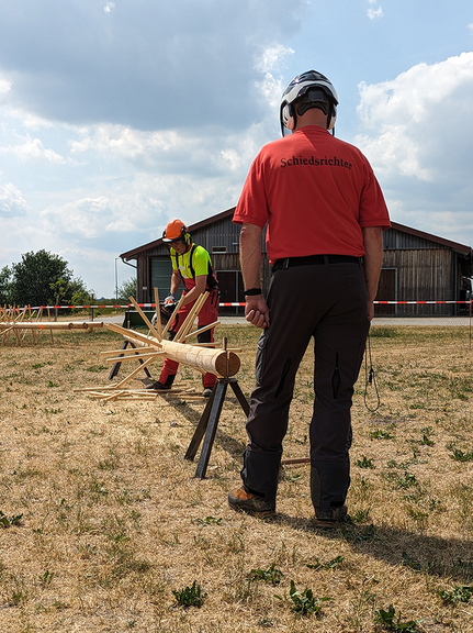 Vergrößerung des Bildes für Ein Mann sägt mit einer Motorsäge an einem Holzstamm. Ein Richter schaut ihm dabei zu..