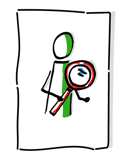 Vergrößerung des Bildes für Gezeichnete Figur mit einer Lupe.