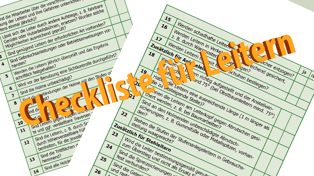 Vergrößerung des Bildes für Im Hintergrund zwei Checklisten für Leitern. Im Vordergrund steht "Checkliste für Leitern" darüber geschrieben..