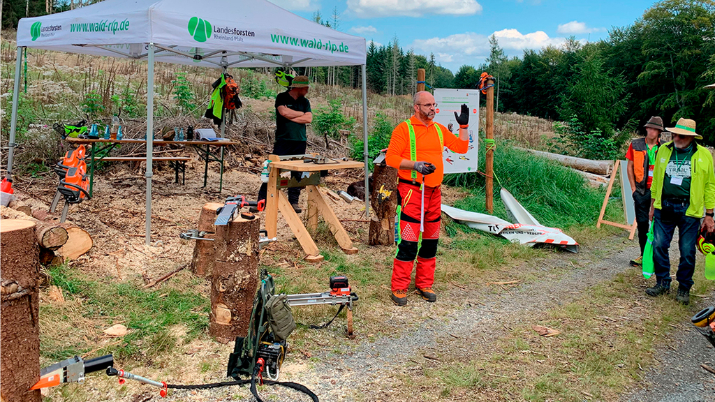 Vergrößerung des Bildes für Forstarbeiter stehen an einem Stand und erklären einer Gruppe die Arbeit mit (Funk-)Fällkeilen. .