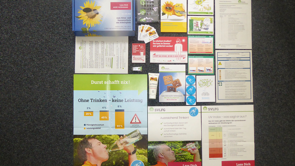 Vergrößerung des Bildes für Inhalt der kostenlosen UV- und Hitzeschutzbox der SVLFG.