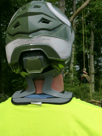 Vergrößerung des Bildes für Person mit Nackenstütze im Wald.