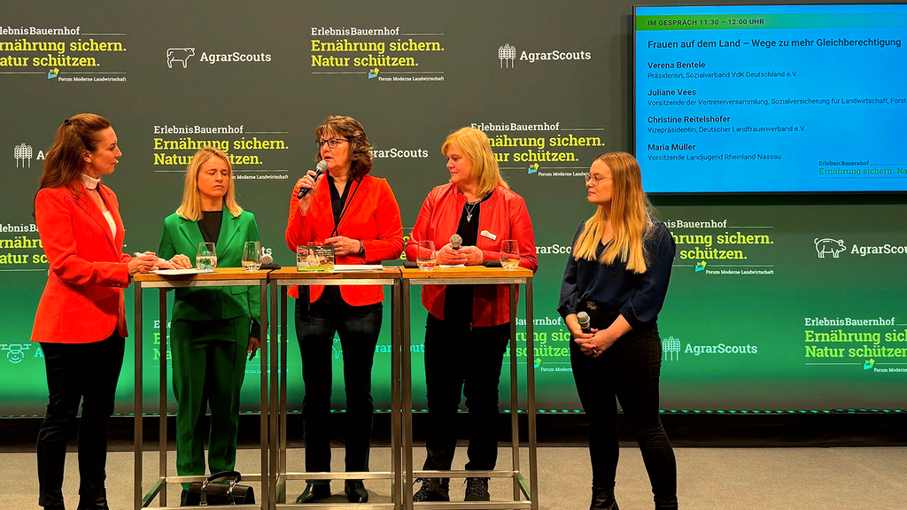 Vergrößerung des Bildes für Fünf Frauen stehen auf einer Bühne an einem Tisch und reden miteinander.