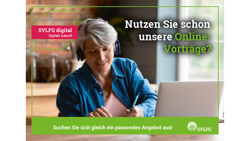 Vergrößerung des Bildes für Bewerbung der Online-Seminare auf www.svlfg.de - Bild zeigt eine Frau mittleren Alters am Laptop.
