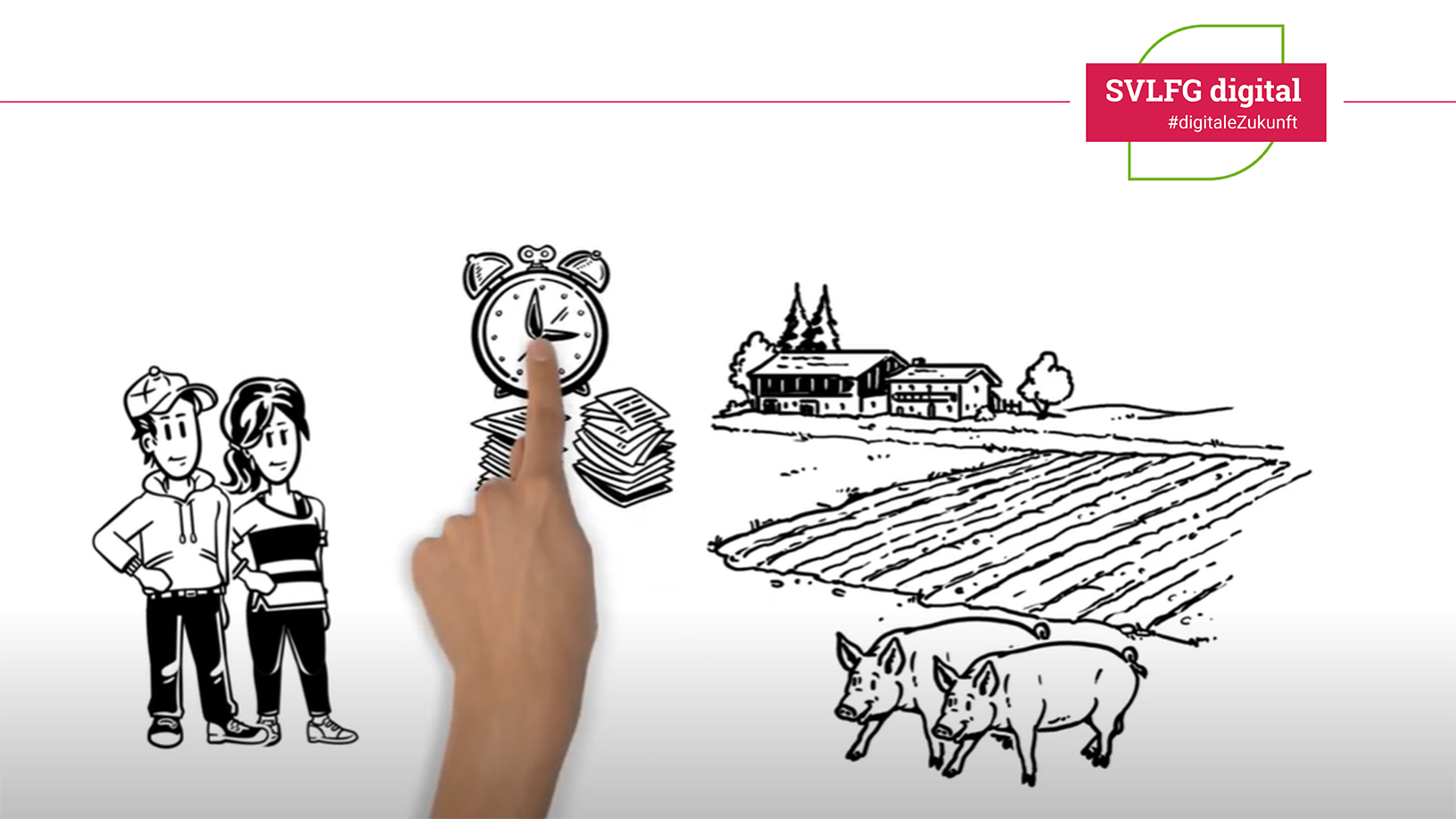 Schwarz-weiße Zeichnung mit zwei jungen Menschen, einem Wecker, einem Stapel Papier und einer ländlichen Szene mit Bauernhof, Ackerland und zwei Schweinen. Eine Hand zeigt auf den Wecker. Oben rechts befindet sich das Logo 'SVLFG digital' mit dem Hashtag #digitaleZukunft