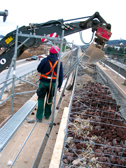 Vergrößerung des Bildes für Arbeiter in persönlicher Schutzkleidung und Sicherung auf einem Arbeitsgerüst.