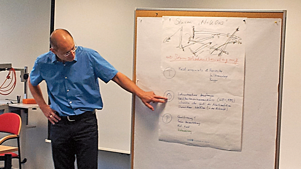 Vergrößerung des Bildes für Mann zeigt auf ein Blatt am Flipchart.