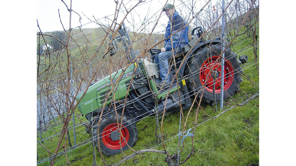 Vergrößerung des Bildes für An einem steilen Hang fährt ein Mann mit einem Schmalspurtraktor zwischen unbelaubten Weinreben..