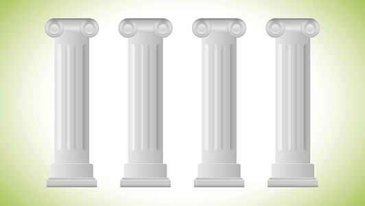 Vier graue Säulen auf grün weißem Hintergrund