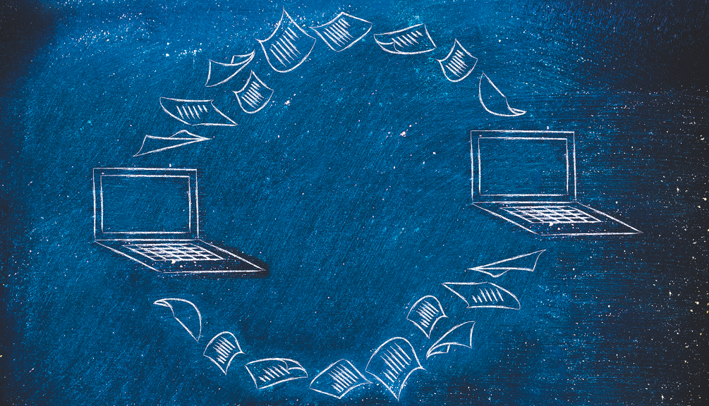 Vergrößerung des Bildes für Zeichnung von zwei Laptops zwischen denen ein Austausch von Blättern in einem Kreislauf stattfindet.