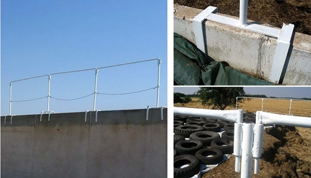 Vergrößerung des Bildes für Drei Bildausschnitte: steckbares Geländer an Betonwand von vorn, Detailaufnahme der Steckverbindung Geländer zur Wand, Detailaufnahme der Steckverbindungsteile.