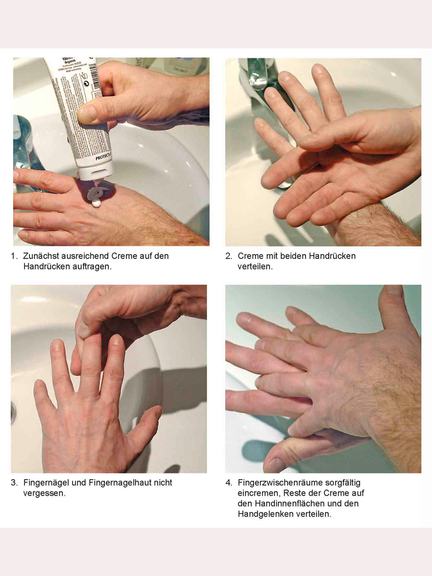 Vergrößerung des Bildes für Darstellung, wie Hände richtig eingecremt werden.