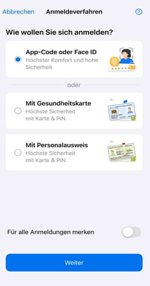 Vergrößerung des Bildes für Wahl der möglichen Loginverfahren.