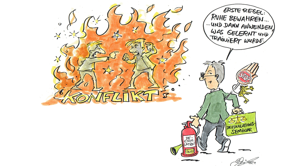 Vergrößerung des Bildes für Grafik mit Zeichnung wo zwei Strichmännchen im Konflikt stehen im Feuer und ein weiteres Strichmännchen mit Feuerlöscher zur Hilfe eilt..