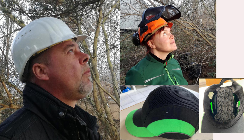 Vergrößerung des Bildes für Mann mit Industrieschutzhelm, Frau mit Helm Forstkombination, Helm mit Anstoßkappe.
