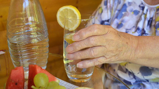 Glas Wasser mit Zitronenscheibe