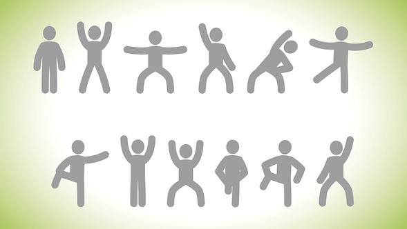 Grafik mit grauen Gymnastikmännchen auf grün weißem Hintergrund