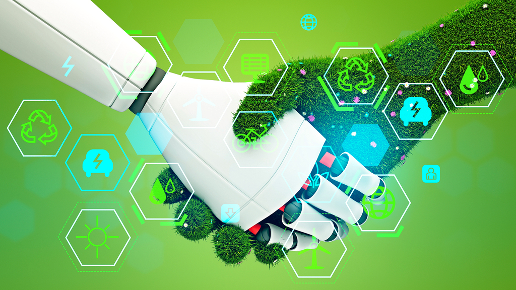 Vergrößerung des Bildes für Eine Roboterhand und eine Pflanzenhand sind miteinander verschränkt..